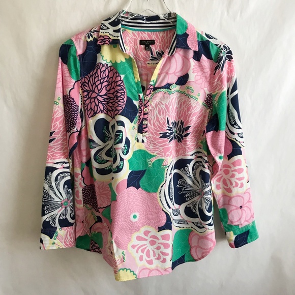Talbots Tops - Talbots Vibrant Floral Anchor Buttons Cotton Popover Tunic Blouse MP Pink Navy